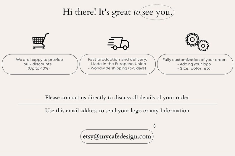 May include: An informational graphic on a light background with black text reading Hi there! It's great to see you. Icons include a shopping cart, a delivery truck, and two gears. Text boxes detail bulk discounts, production, and customization options.