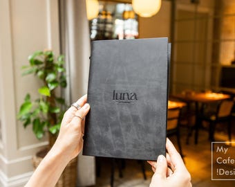 Recycled Leather Menu Cover: Black Bonded Leather, 16-Page Plastic Sleeves