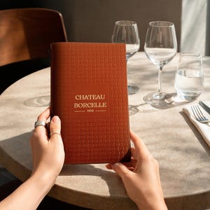 以下が含まれることがあります： レストランのテーブルで、人が「CHATEAU BORCELLE 1912」と書かれた茶色のメニューを持っています。 メニューはテクスチャパターンです。 ワイングラス、水グラス、カトラリーもテーブルにあります。