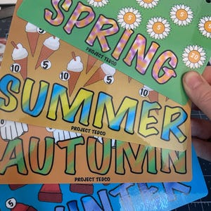May include: A selection of seasonal scratch cards. The "Spring" card is green with daisy graphics, "Summer" is yellow with ice cream cones, "Autumn" is orange, and "Winter" is blue. Each card has the text "PROJECT TEDCO".