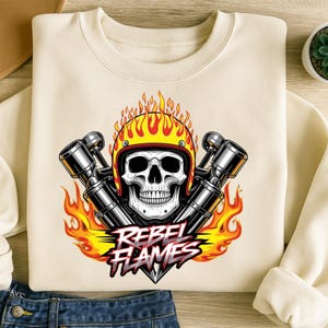 Rebel Flames Skull PNG, Biker Helmet T-Shirt Design, Fire Flaming Skull PNG, Motorcycle Printable, Flaming Skull T-shirt Design Clipart