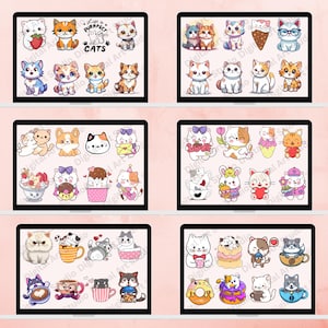 Kawaii Cat Sticker PNG Mega Bundle | 60 Cute Cat PNGs + 6 Bonus Gift Stickers, kawaii png printable stickers, kawaii png, cute png