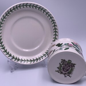 May include: A white teacup and saucer with a green floral pattern. The saucer has a green border with a repeating leaf design. The teacup has a floral design with pink, green, and yellow flowers. The bottom of the teacup has a logo that reads "The Botanic Garden, Giftware, 28".
