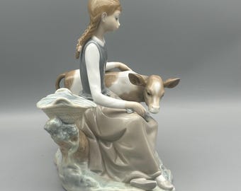 Lladro Girl With Calf Porcelain Figurine Hand Crafted - Etsy