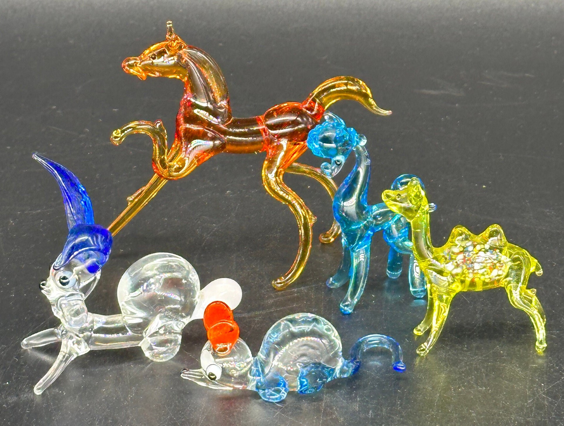 Vintage Collection of Five Glass Mixed Animals Figurine Murano
