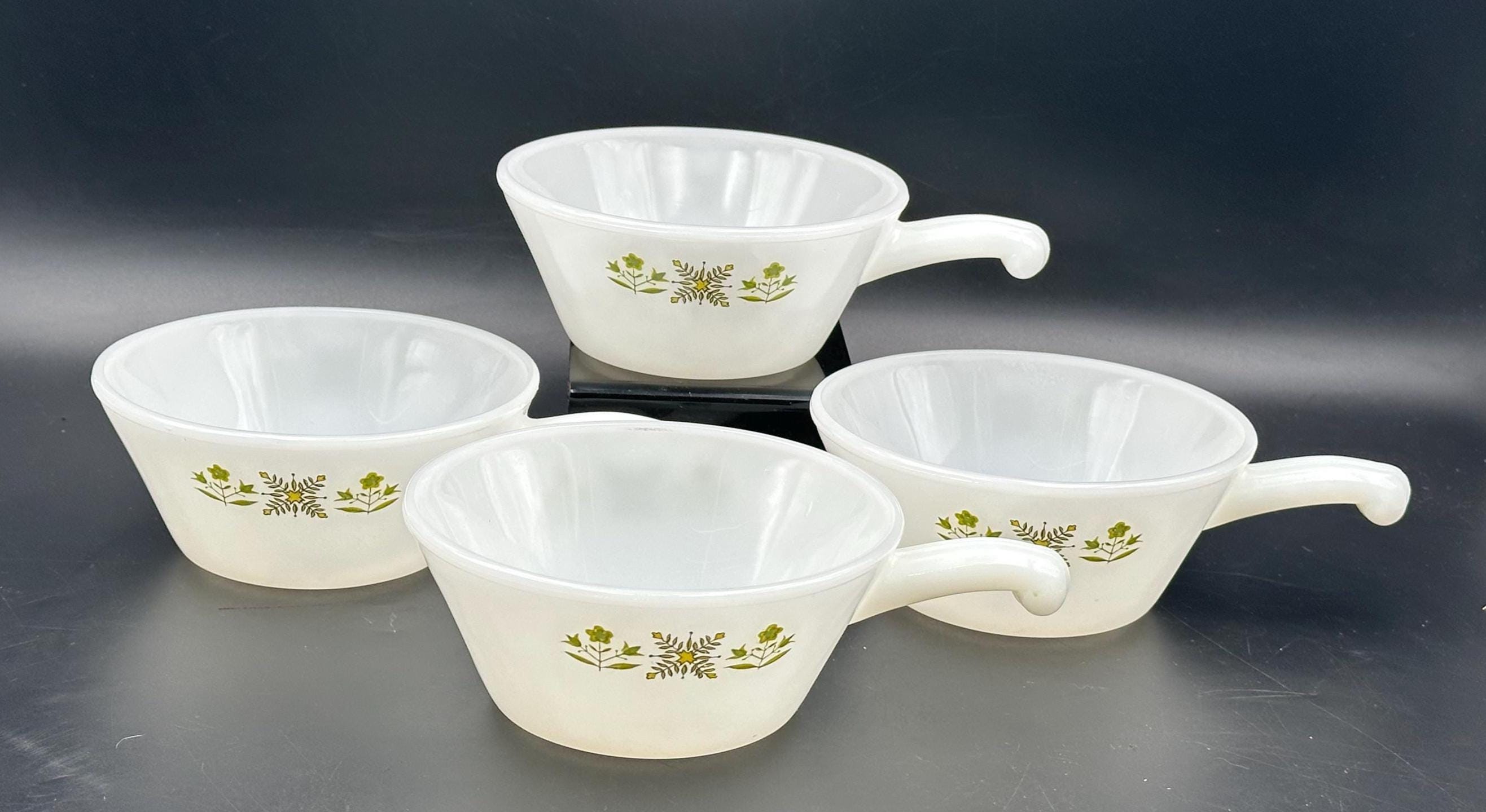 Anchor Hocking Fire King Pyrex Handled Soup Bowls 1970's Meadow