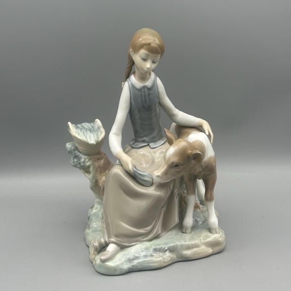 Lladro Girl With Calf Porcelain Figurine Hand Crafted - Etsy