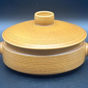 May include: A brown ceramic casserole dish with a lid and two handles. The dish has a ribbed design.