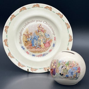 Royal Doulton Bunnykins Christening Plate Money Box Set UK