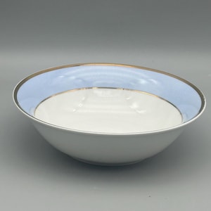 May include: A white ceramic bowl with a light blue rim and a gold-colored band. The bowl has a simple, elegant design, suitable for serving soups, salads, or other dishes. The bowl is a classic shape and design.