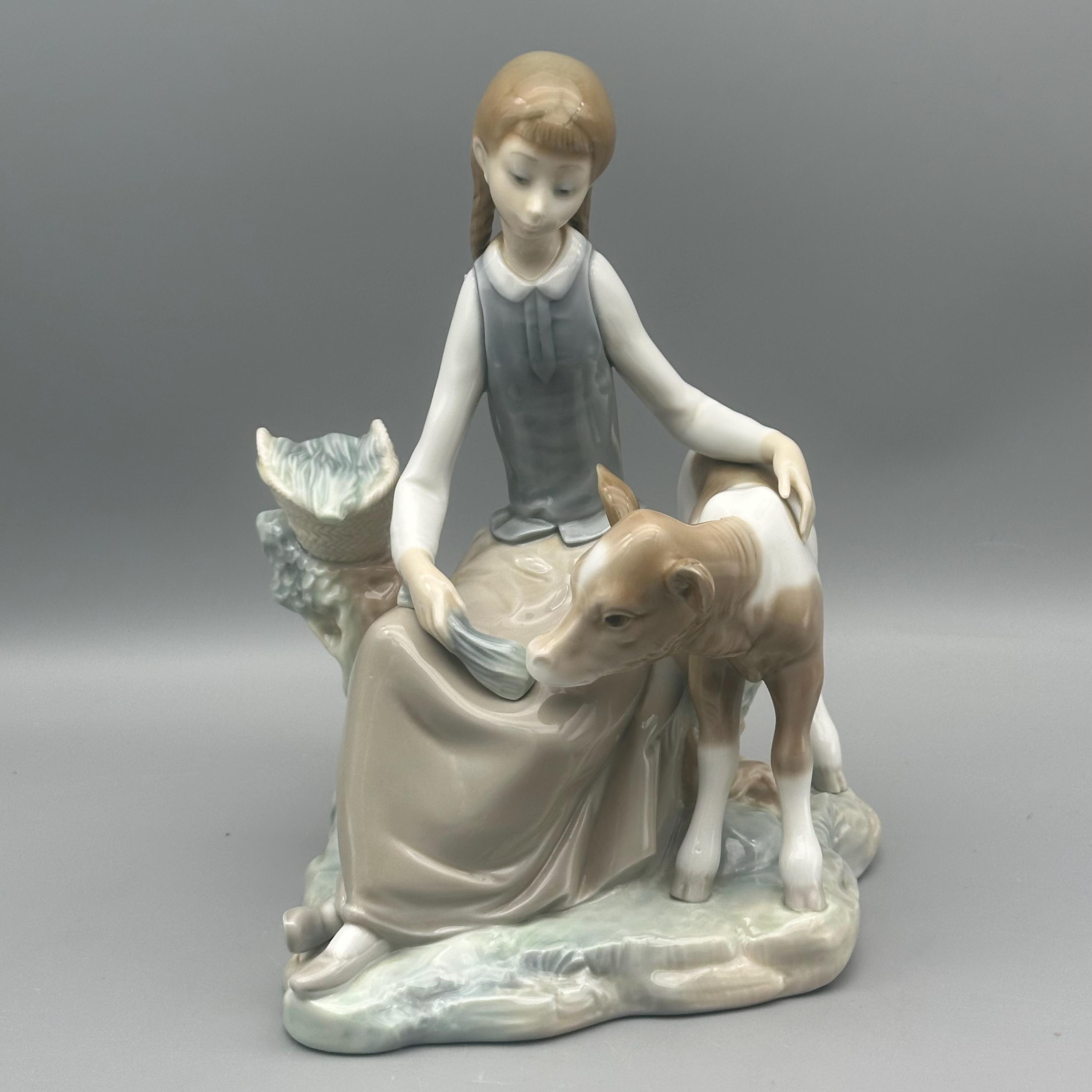 Lladro Girl With Calf Porcelain Figurine Hand Crafted - Etsy