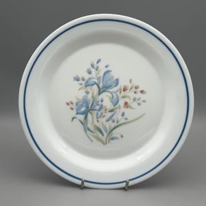 May include: White ceramic plate with a blue floral design and a blue rim. The floral design features blue irises and small red and green accents. The plate is round and has a simple, elegant design.