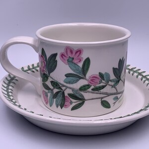 May include: A white teacup and saucer with a floral design featuring pink flowers and green leaves. The saucer has a green border with a repeating leaf pattern.