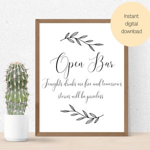 Printable wedding signs, open bar, digital download, greenery wedding decorations