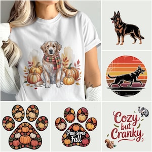 以下が含まれることがあります： スカーフを巻いたゴールデンレトリバー、カボチャと秋の葉に囲まれた白いTシャツ。その他の画像には、ジャーマンシェパード、カボチャの足跡デザイン、リスとアナグマの「Cozy but Cranky」というテキストが含まれています。
