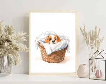 Bundle of Beagle | Puppy in Laundry Basket Wall Art | Cute Dog Printable, Cozy Pet Illustration, Nursery Decor, Beagle Lover Gift, Dog Print