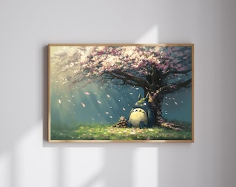 Totoro Under Cherry Blossom Tree | Studio Ghibli Inspired Print | Instant Digital Download