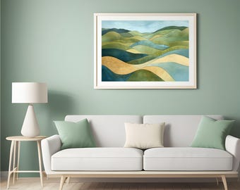 Abstract Green Blue Mountains | Textured Landscape Art | Serene Hills, Earth Tones, Calming Nature, Modern Pastel Decor | Digital Download