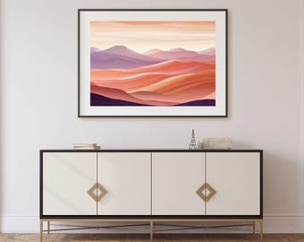 Abstract Sunset Mountain Wall Art | Warm Desert Landscape in Terracotta and Purple Tones, Textured Modern Nature | Digital Download
