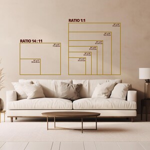 May include: A living room scene with a white sofa, a wooden coffee table, and a lamp. The wall displays framed rectangles in various sizes, labeled with ratios and dimensions in inches and centimeters, suggesting print sizes for artwork.