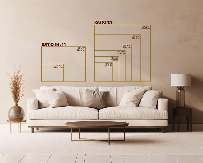 May include: A living room scene with a white sofa, a wooden coffee table, and a lamp. The wall displays framed rectangles in various sizes, labeled with ratios and dimensions in inches and centimeters, suggesting print sizes for artwork.