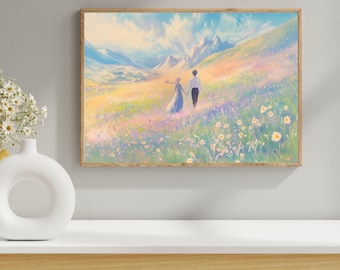 May include: A framed art print depicts a couple walking hand-in-hand through a vibrant field of wildflowers. The scene is set against a backdrop of rolling hills and a bright, colorful sky. The artwork is in soft pastel colors, creating a dreamy and romantic atmosphere.