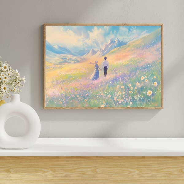 Sophie and Howl | Pastel Wildflower Meadow | Howl's Moving Castle Art | Instant Digital Download
