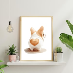 Arte murale carina con sederino di Corgi / Cane adorabile con bordo a cuore, stampa divertente per animali domestici, decorazione per San Valentino con cucciolo, poster acquerello, regalo per amanti dei cani