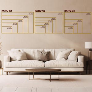May include: A living room scene with a white sofa, a round coffee table, and a lamp. Above the sofa are three sets of rectangular outlines labeled "RATIO 3:2", "RATIO 4:3", and "RATIO 5:4", each with various size dimensions in inches and centimeters.