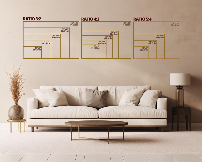 May include: A living room scene with a white sofa, a round coffee table, and a lamp. Above the sofa are three sets of rectangular outlines labeled "RATIO 3:2", "RATIO 4:3", and "RATIO 5:4", each with various size dimensions in inches and centimeters.