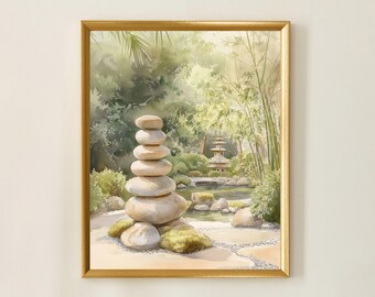 Japanese Zen Garden | Serenity Wall Art | Tranquil Stacked Stones |  Bamboo Watercolor Print | Calm, Mindfulness & Nature-Inspired Decor