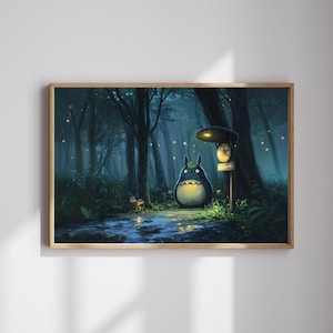 Totoro & Firefly Magic | Watercolor Art Print | Enchanted Dreamy Forest | Night Glow | Cozy Ghibli-Inspired Decor | Cute Wall Print