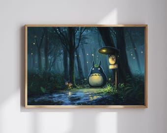 Totoro & Firefly Magic | Cozy Studio Ghibli Inspired Art | Instant Digital Download