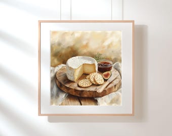 Rustic Cheese Board Art | Square Ratio 1:1 | Brie, Crackers & Fig Kitchen Print | Watercolor Farmhouse Decor | Cottagecore Instant Download
