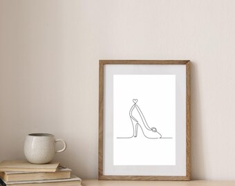 Minimalist Glass Slipper Line Art Print | Enchanted Princess Midnight Shoe | Instant Digital Download