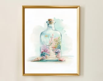 Little Mermaid in a Bottle | Pastel Watercolor | Instant Digital Download Art Print