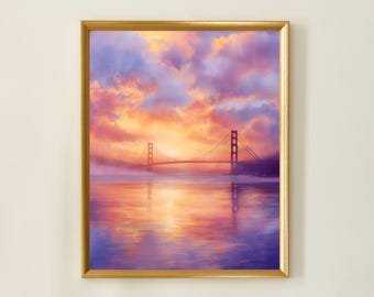 Golden Hour at Golden Gate | Pastel Watercolor Art Print, San Francisco Bridge at Sunset, Serene Coastal Wall Decor, Digital Download