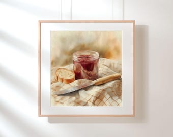 Cozy Bread and Jam Wall Art | Square Ratio 1:1 | Rustic Cottagecore Food Print | Warm Neutral Decor for Bakery, Cafe, Home Kitchen