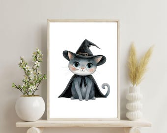 Cat Witch Halloween Wall Art | Instant Digital Download