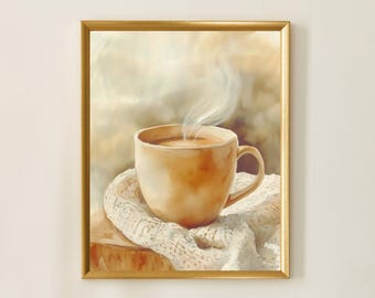 Cozy Coffee Mug Wall Art| Neutral Watercolor Print | Warm Minimalist Kitchen Decor, Fall Aesthetic | Digital Download