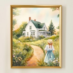 Op de afbeelding: Een aquarel schilderij van een wit huis met een groen dak en een meisje in een blauwe jurk en een strohoed die op een pad naar het huis loopt.