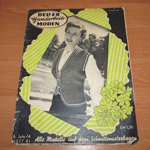 May include: Vintage knitting pattern book cover featuring a black and white photo of a woman wearing a knitted vest. The cover has a black background with green and white accents and the text "DELLER Handarbeits MODEN".