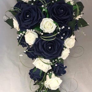 Artificial Wedding flowers Navy Blue and ivory foam rose bouquets bride teardrop bouquet greenery matching bridesmaid flowers button holes