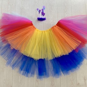 Kevin van UP tutu kostuum rok zendspoel veer edelstenen blauw paars geel rood tule dans kostuum levendige outfit verkleden feestoutfit