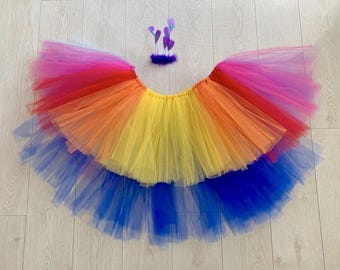 Kevin from UP Tutu Costume: Rainbow Tulle Skirt & Feather Headpiece