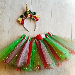 Christmas unicorn tutu costume skirt headpiece sparkly red green tulle dance costume fancy dress dressing up party outfit unicorn horn