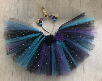 Dunkles Einhorn Tutu Kostüm Rock Kopfschmuck funkelnd schwarz lila blau Tüll Tanzkostüm Kostüm Party Outfit Einhorn Horn