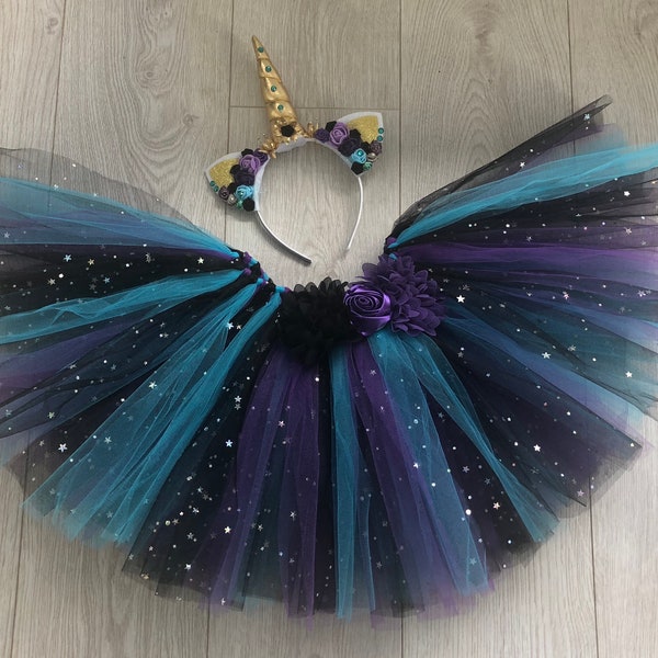 Dark unicorn tutu costume skirt headpiece sparkly black purple blue tulle dance costume fancy dress dressing up party outfit unicorn horn