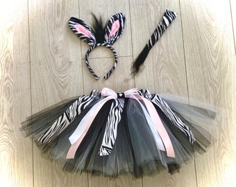 Zebra tutu white black tulle skirt headband ears tail fancy dress animal dance costume Christmas nativity Halloween outfit photo shoot cute