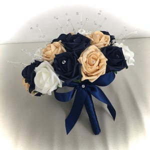 Artificial Wedding flowers Navy Blue Gold Ivory rose bouquets bride bridesmaid flowers flower girl posy wrist corsage button holes diamante